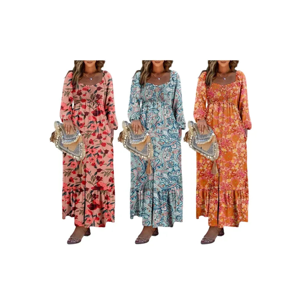 Boho Floral Smocked Square Neck Long Sleeve Maxi Dress
