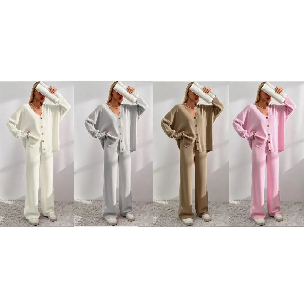 Women's V Neck Cardigan & Elastic Waist Wide Leg Pants Two-piece Set
