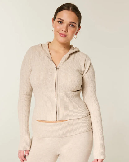 Cable-Knit Zip-Up Hoodie Sweater