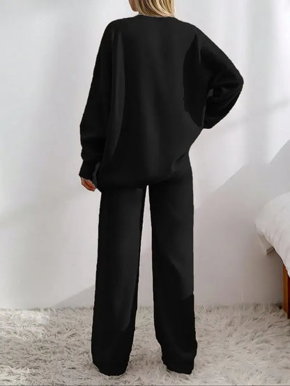 Women's V Neck Cardigan & Elastic Waist Wide Leg Pants Two-piece Set