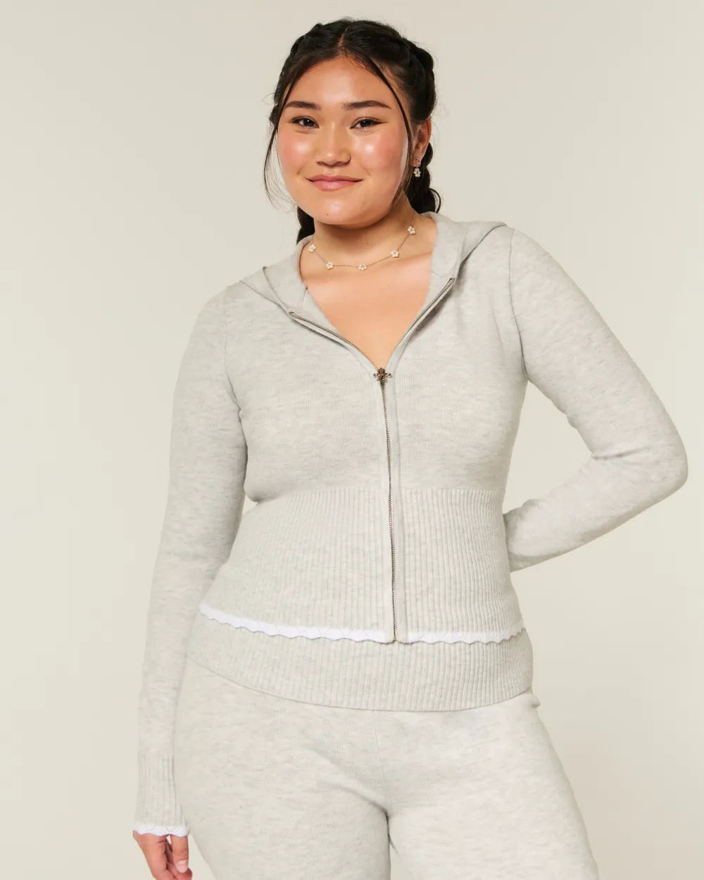 Cable-Knit Zip-Up Hoodie Sweater