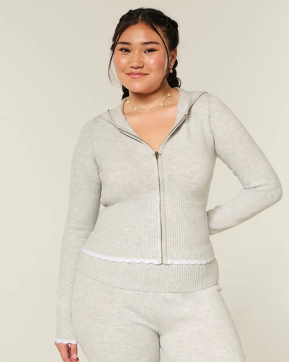 Cable-Knit Zip-Up Hoodie Sweater
