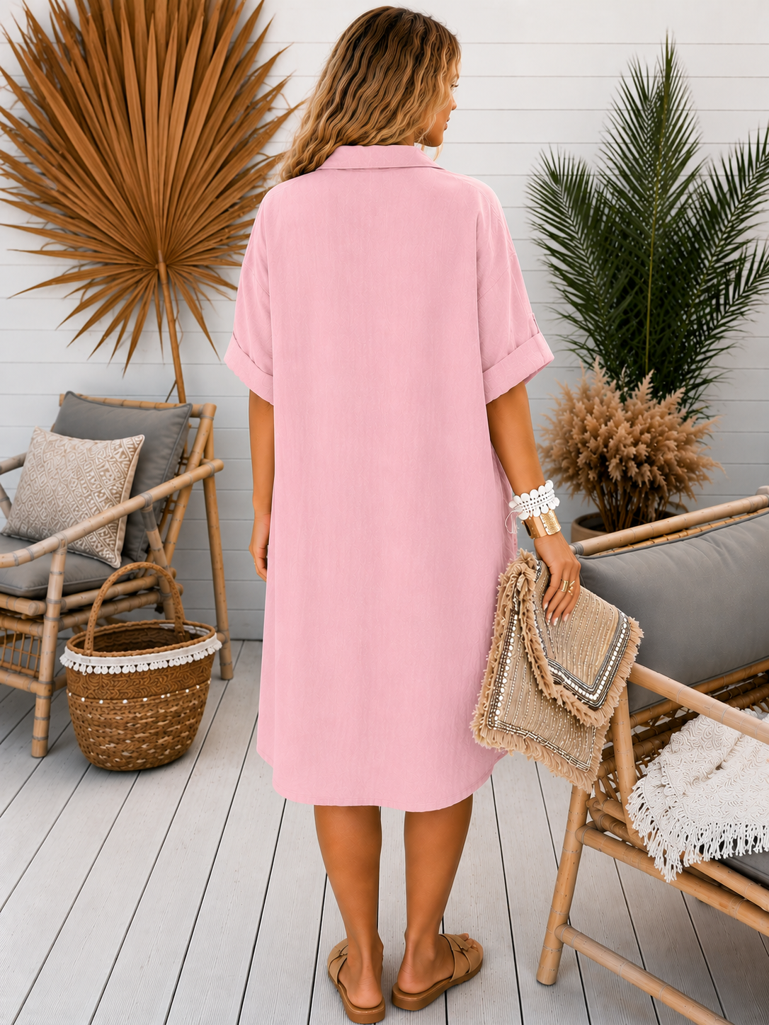 8-Pack Women's Oversized Deep V Collared Chest-Pocket Mini Dresses, Relaxed Resort Fit