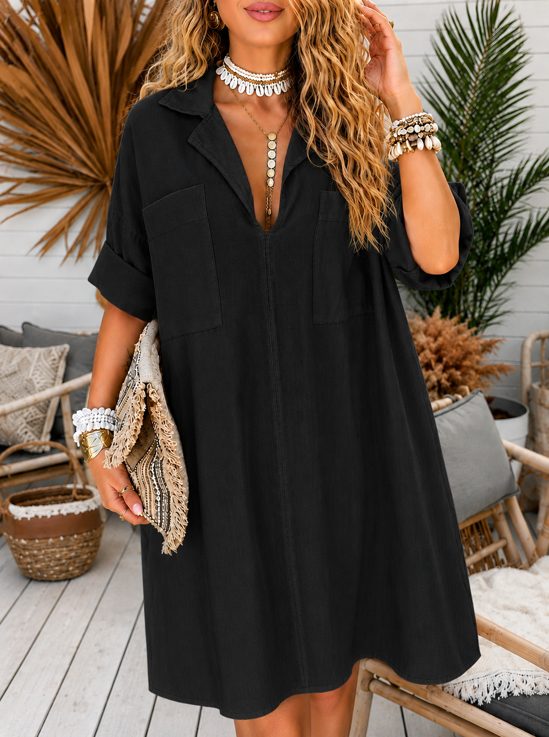 8-Pack Women's Oversized Deep V Collared Chest-Pocket Mini Dresses, Relaxed Resort Fit