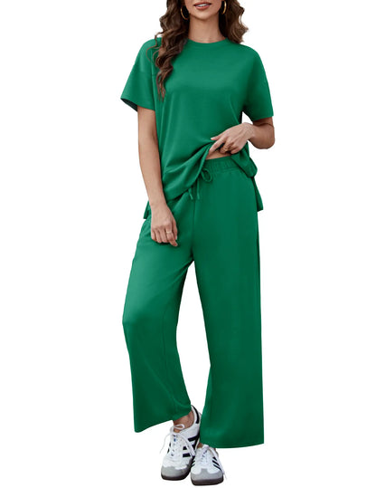 2 Piece Sets for Women Soft Short Sleeve Matching Lounge Set Wide Leg Pants Tracksuit Travel Summe Travel Kitr Outfits 2026 SwimWeek summerwins
