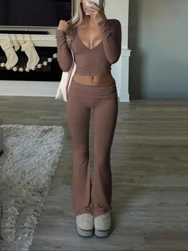 Elegant Casual V-Neck Long Sleeve Basic Two-Piece Outfit Set
