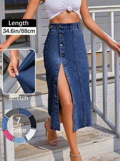 Jeans Women's Button Front Light Wash Denim Split Hem Skirt, Casual Fashion Fitted Skirt for Daily Wear, Ladies Bottoms for All Seasons, Button Fly Skirt, T-Chic
