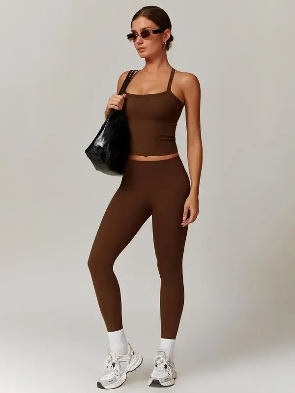 Women's Solid Cut Out Backless Cami Top & High Waist Leggings Tracksuit Set