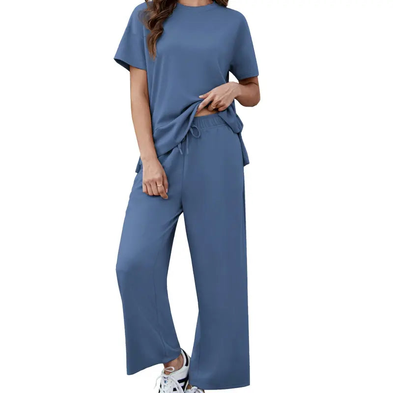 2 Piece Sets for Women Soft Short Sleeve Matching Lounge Set Wide Leg Pants Tracksuit Travel Summe Travel Kitr Outfits 2026 SwimWeek summerwins