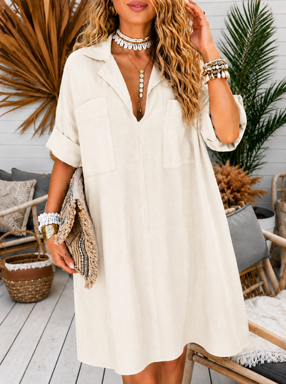8-Pack Women's Oversized Deep V Collared Chest-Pocket Mini Dresses, Relaxed Resort Fit