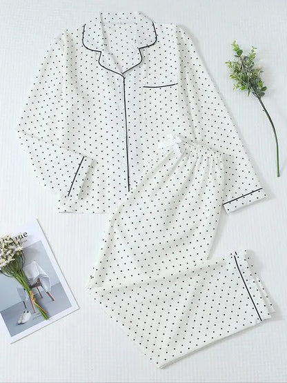 Women's Striped Bow Print LongSleeve Pajama Set, Sweet CuteButton Front Top and Pants