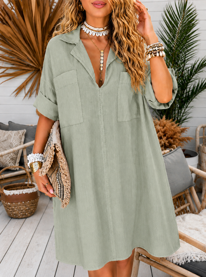 8-Pack Women's Oversized Deep V Collared Chest-Pocket Mini Dresses, Relaxed Resort Fit