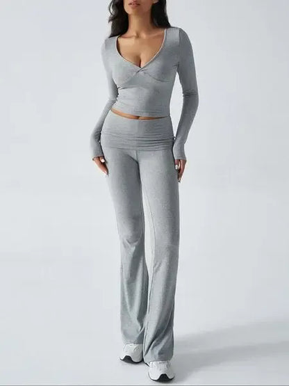 Elegant Casual V-Neck Long Sleeve Basic Two-Piece Outfit Set