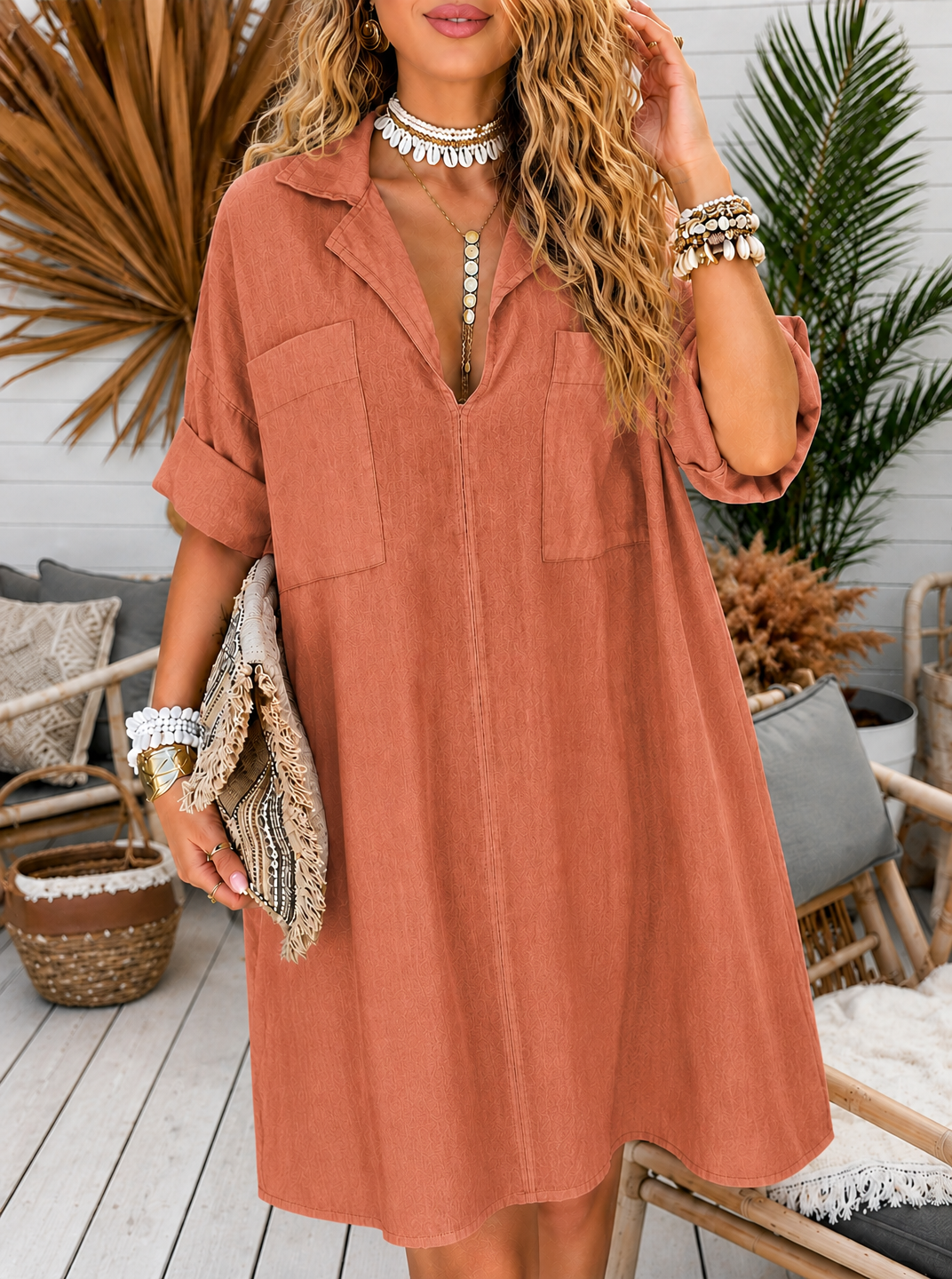 8-Pack Women's Oversized Deep V Collared Chest-Pocket Mini Dresses, Relaxed Resort Fit