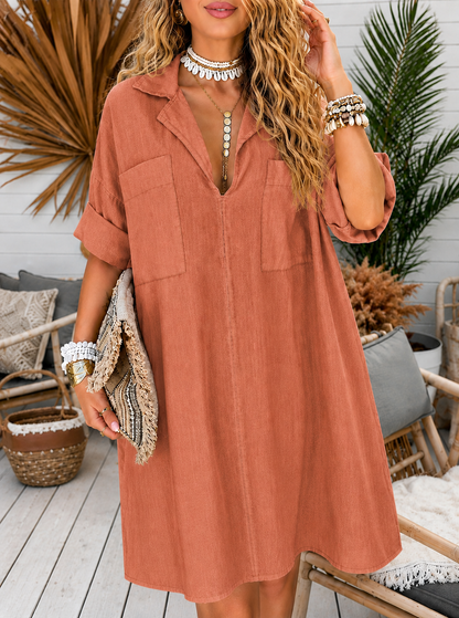 8-Pack Women's Oversized Deep V Collared Chest-Pocket Mini Dresses, Relaxed Resort Fit