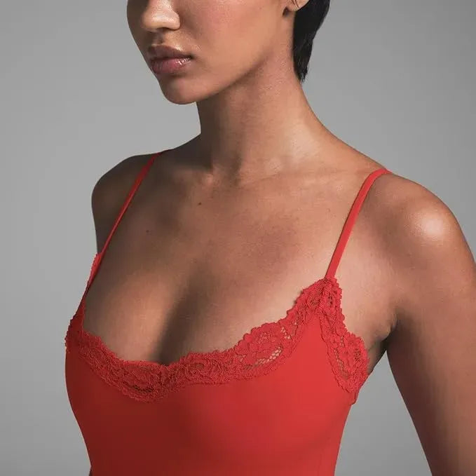 Women's Spaghetti Strap Lace Trim Breathable Bodysuit