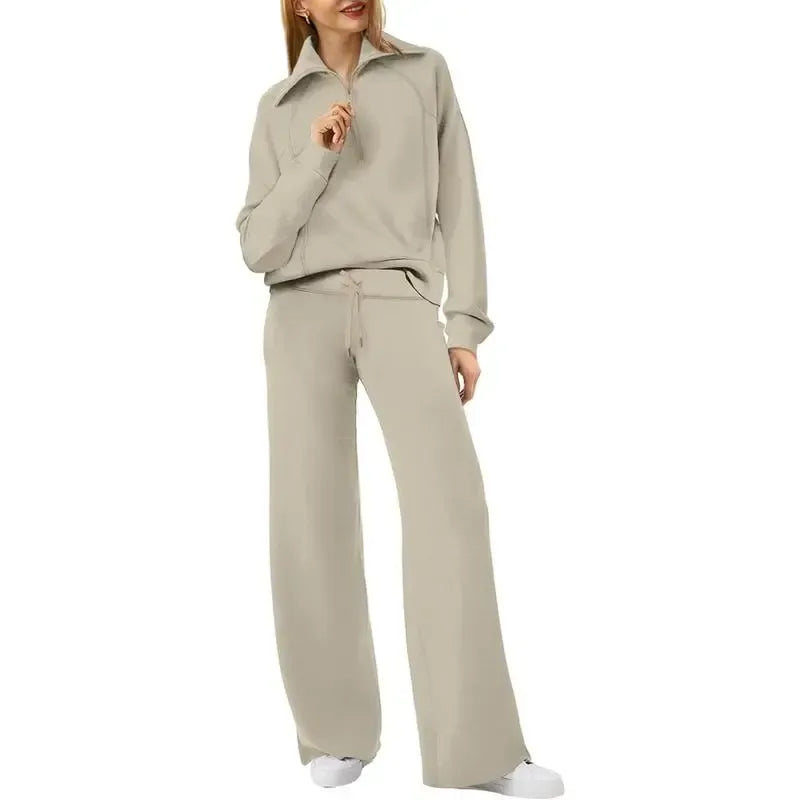 Women's Casual Set 2025 Collection Half-Zip Sweatshirt and Wide-Leg Pants