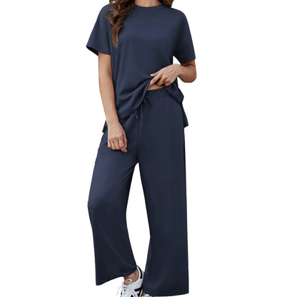 2 Piece Sets for Women Soft Short Sleeve Matching Lounge Set Wide Leg Pants Tracksuit Travel Summe Travel Kitr Outfits 2026 SwimWeek summerwins