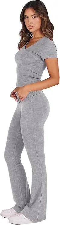 Women's Two-Piece Casual Set: Fitted Short-Sleeve Top with Bell-Bottom Pants