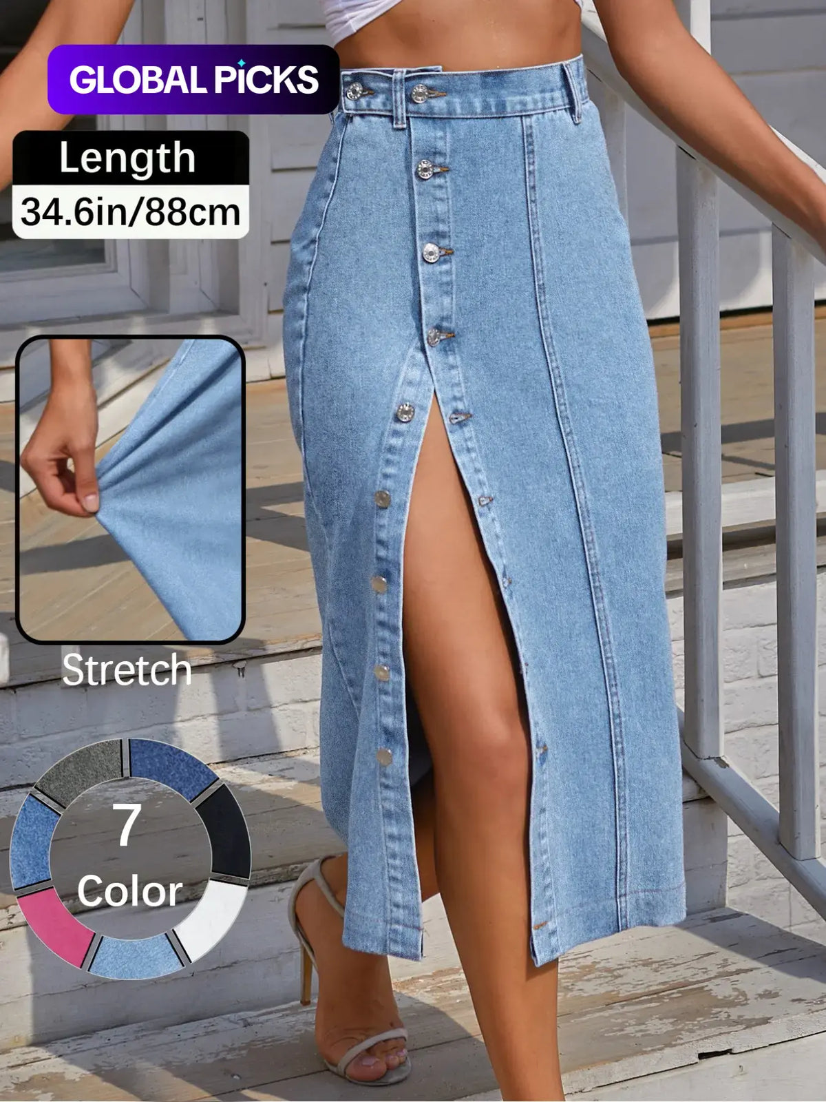 Jeans Women's Button Front Light Wash Denim Split Hem Skirt, Casual Fashion Fitted Skirt for Daily Wear, Ladies Bottoms for All Seasons, Button Fly Skirt, T-Chic