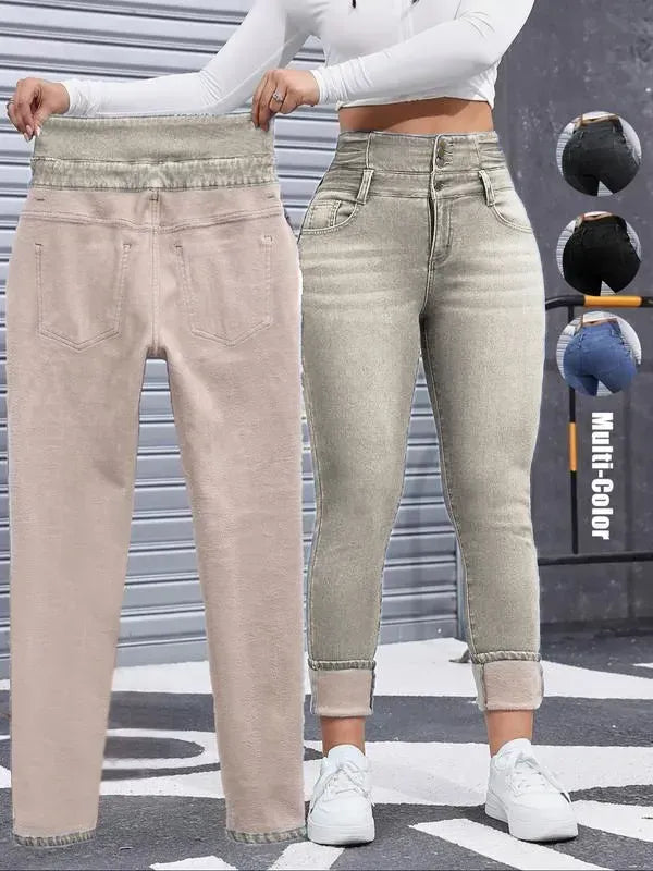 Women's High Elasticity Fleece Lined Thick Denim Jeans
