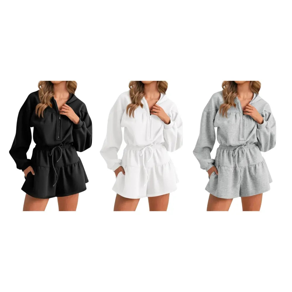 Women's Half-Zip Hooded Long-Sleeve Casual Romper