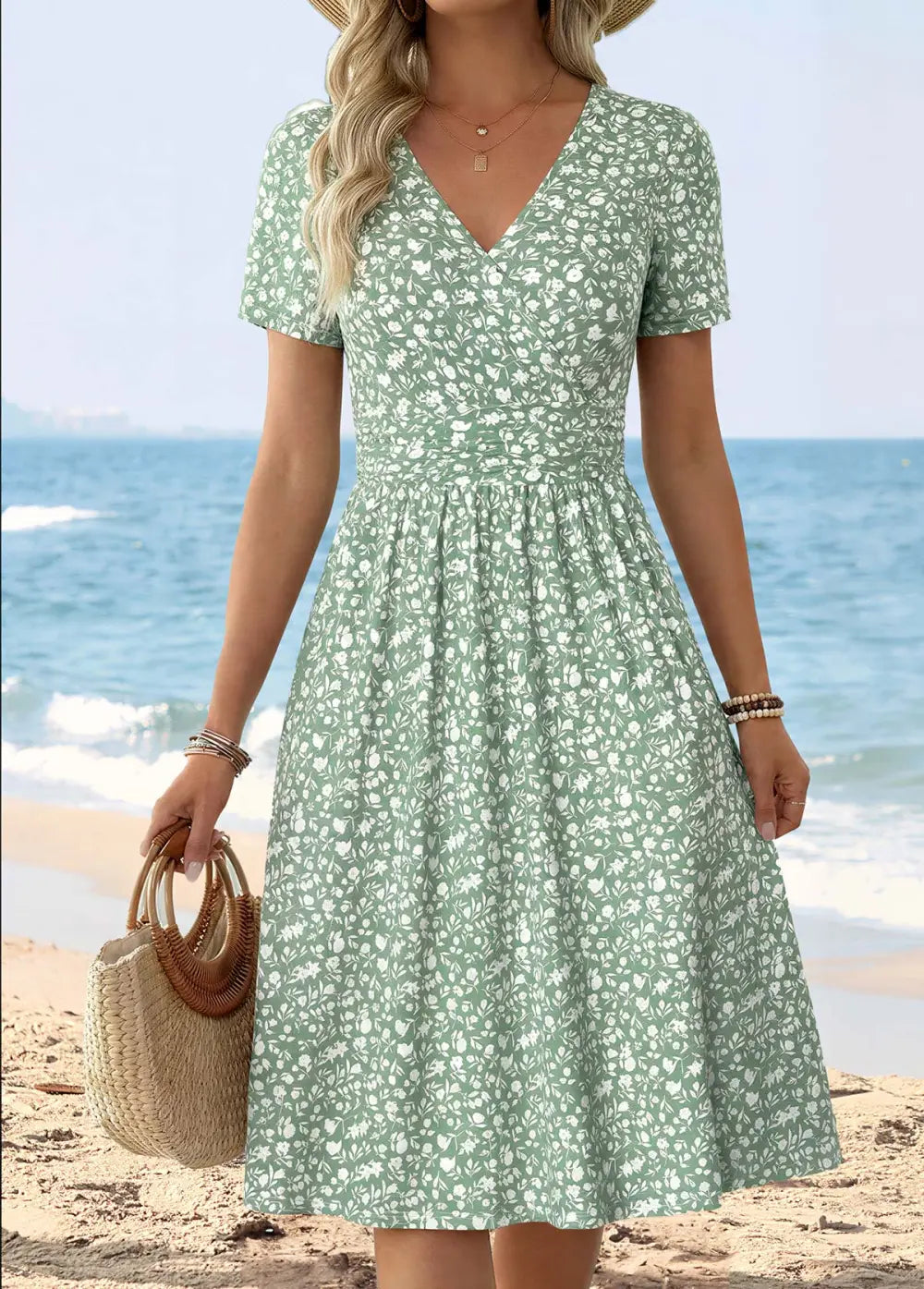 Multi Color Tummy Coverage Floral Print Short Sleeve Dress