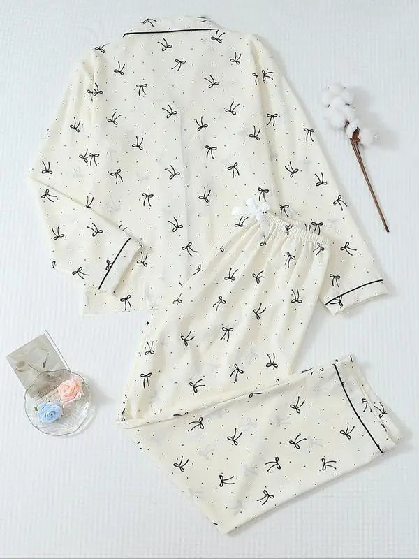 Women's Striped Bow Print LongSleeve Pajama Set, Sweet CuteButton Front Top and Pants