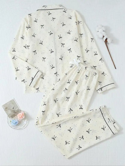 Women's Striped Bow Print LongSleeve Pajama Set, Sweet CuteButton Front Top and Pants