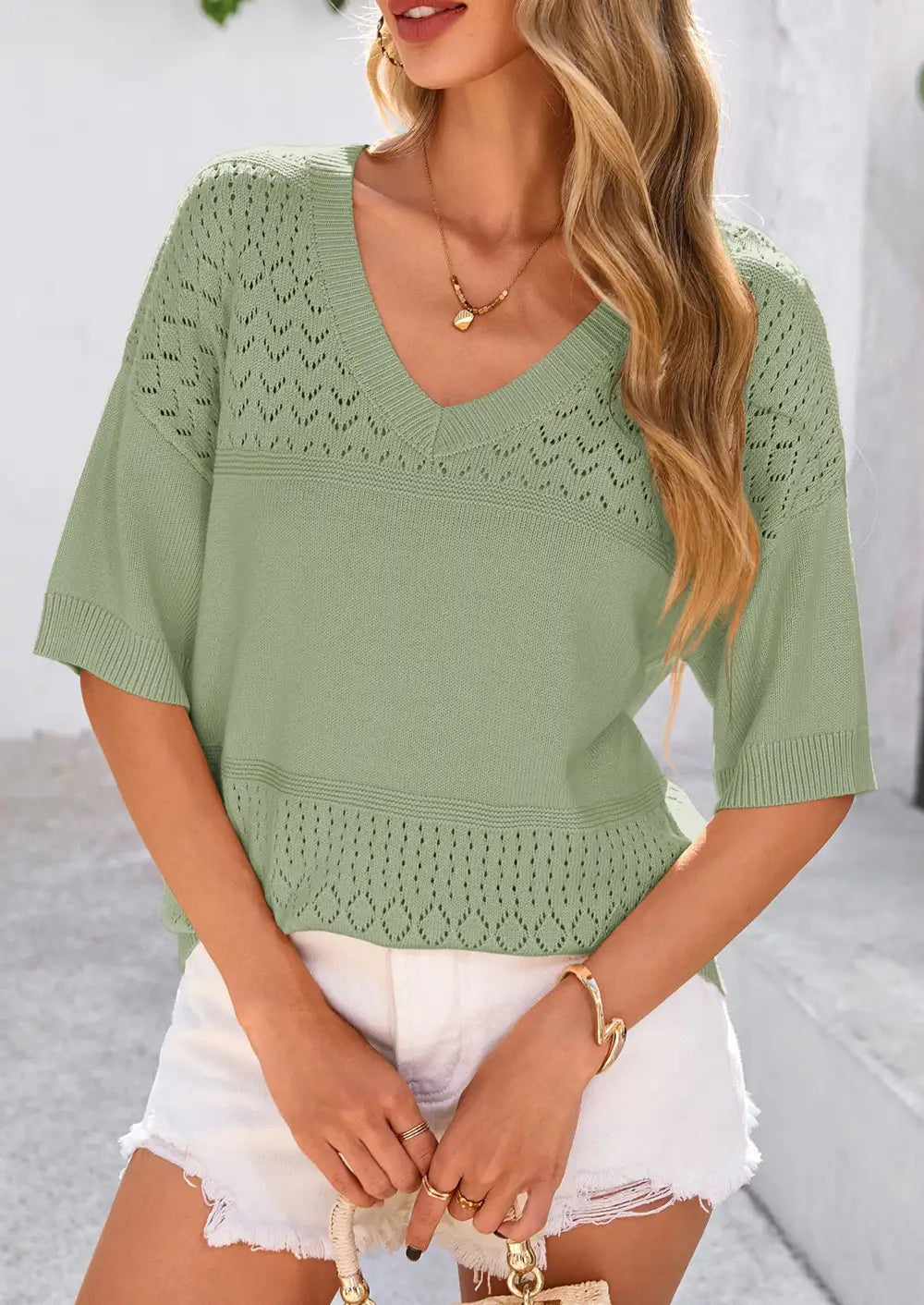 Women's ShortSleeve Sweater Tops SpringSummer Casual V Neck Ribbed KnitTrendy Eyelet Blouse T Shirts