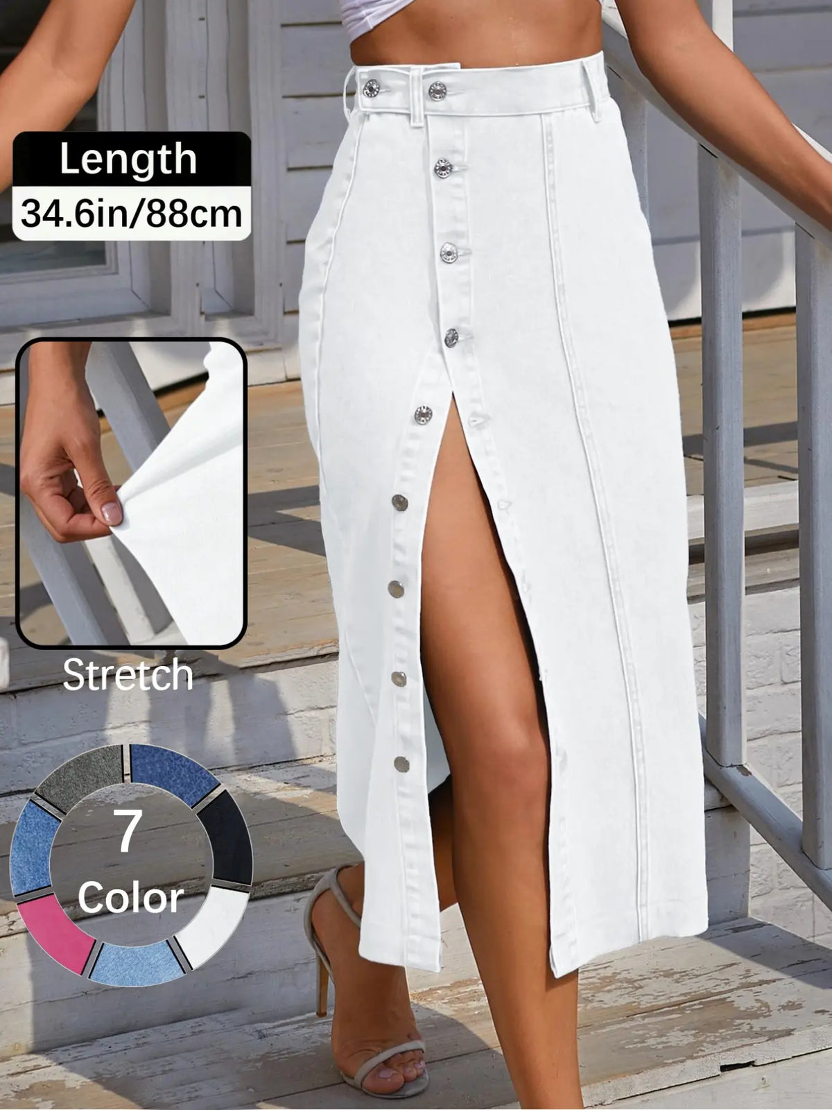 Jeans Women's Button Front Light Wash Denim Split Hem Skirt, Casual Fashion Fitted Skirt for Daily Wear, Ladies Bottoms for All Seasons, Button Fly Skirt, T-Chic