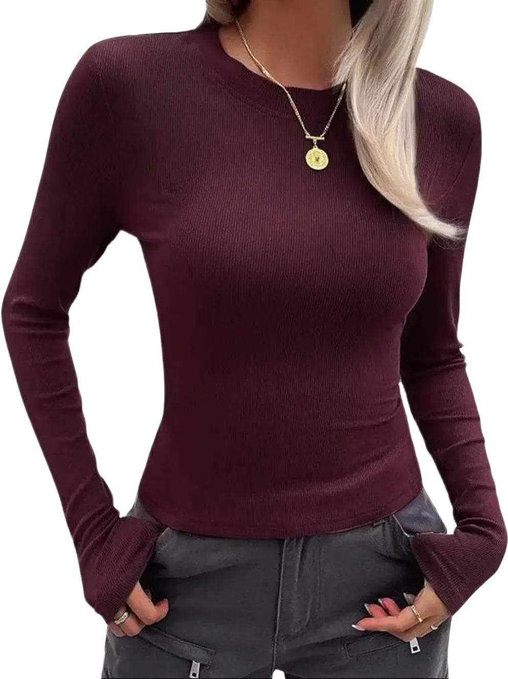 Women Long Sleeve Stretch Slim Round Neck Ribbed Basic Top