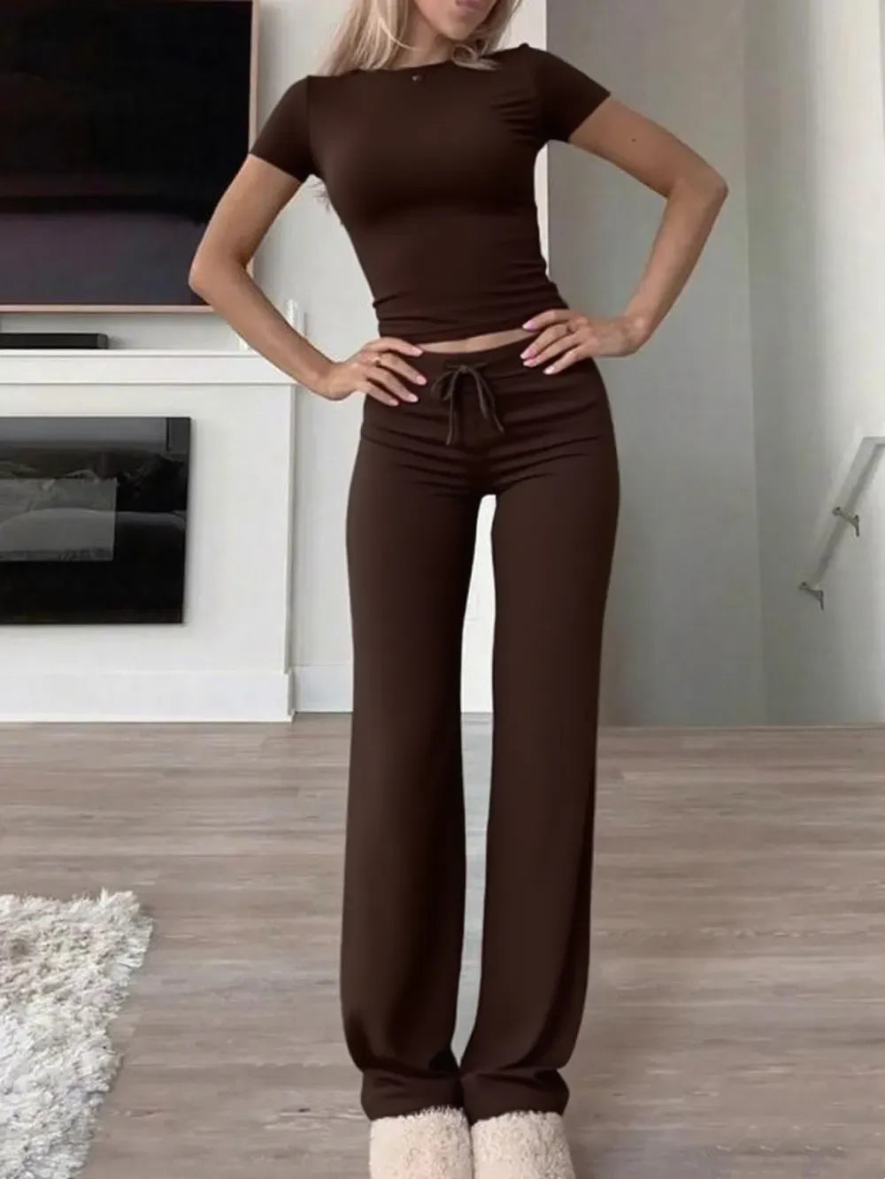 Women's Plain Shortsleeve Top & Drawstring Pants Set