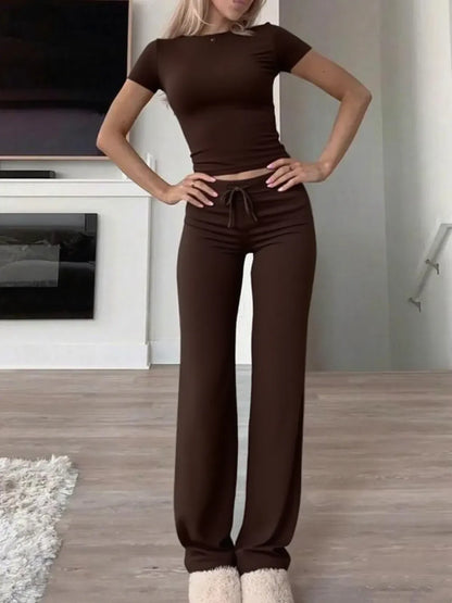 Women's Plain Shortsleeve Top & Drawstring Pants Set