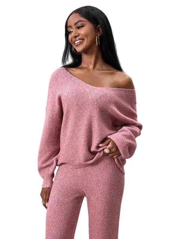 Two-piece Set Women's Solid Color Drop Shoulder Sweater & Pants