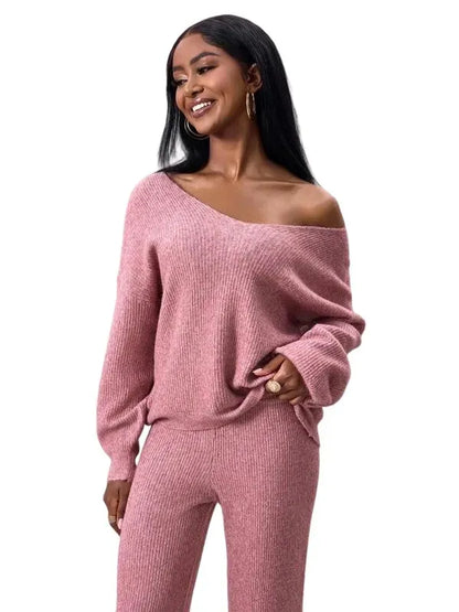 Two-piece Set Women's Solid Color Drop Shoulder Sweater & Pants