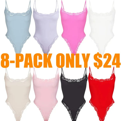 Women's Spaghetti Strap Lace Trim Breathable Bodysuit