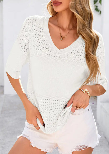 Women's ShortSleeve Sweater Tops SpringSummer Casual V Neck Ribbed KnitTrendy Eyelet Blouse T Shirts