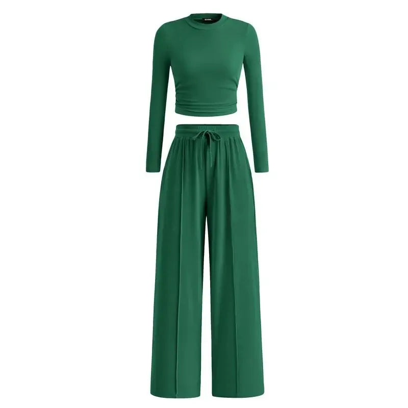 Ribbed Knit Long Sleeve Crop Top Wide Leg Pants