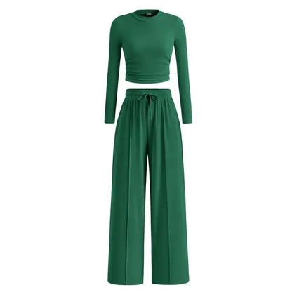 Ribbed Knit Long Sleeve Crop Top Wide Leg Pants