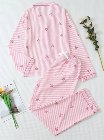 Women's Striped Bow Print LongSleeve Pajama Set, Sweet CuteButton Front Top and Pants