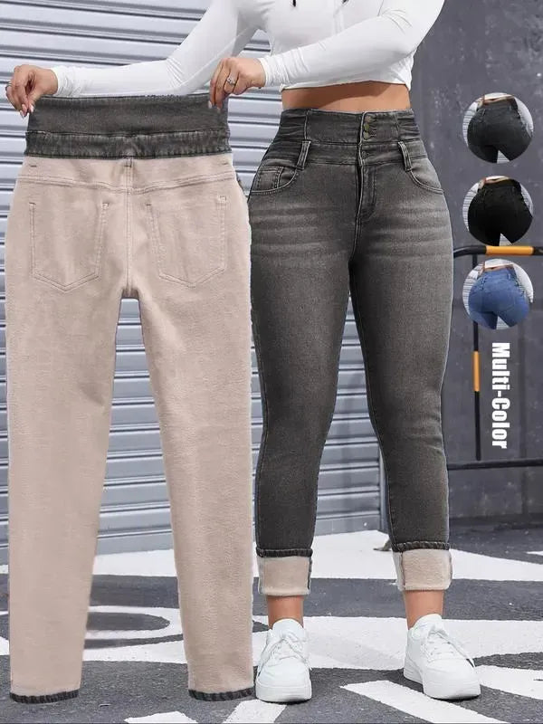 Women's High Elasticity Fleece Lined Thick Denim Jeans