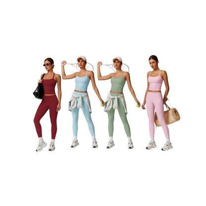 Women's Solid Cut Out Backless Cami Top & High Waist Leggings Tracksuit Set