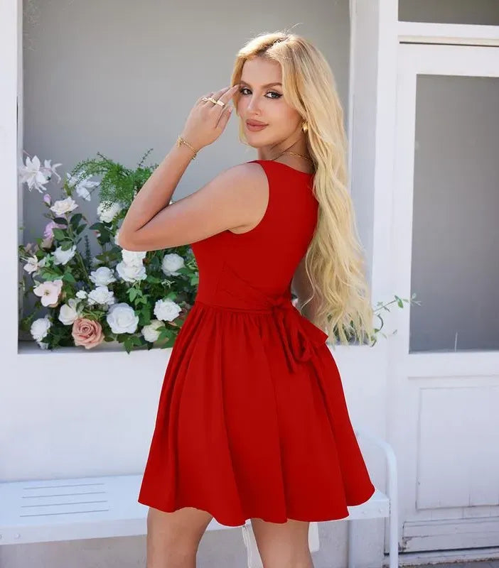 Women's Square Neck A-line Ruffle Hem Mini Tank Dress with Pockets