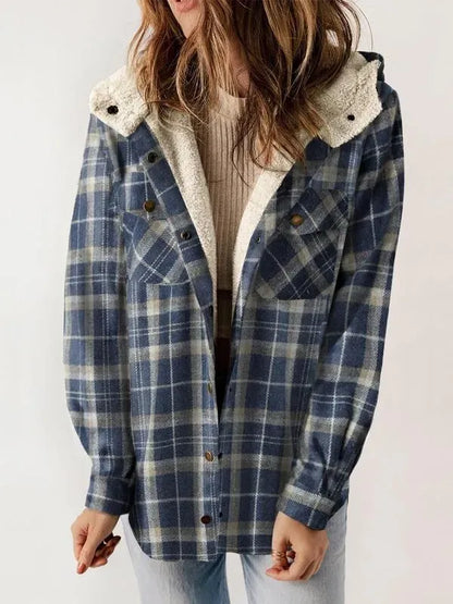 Women's Plaid / Houndstooth Print Button Front Hooded Coat