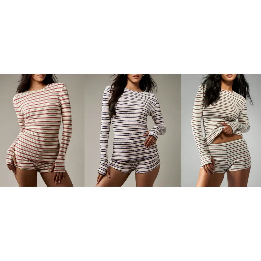 Women's Striped Knit Long Sleeve Top & High Waist Sporty Shorts Set