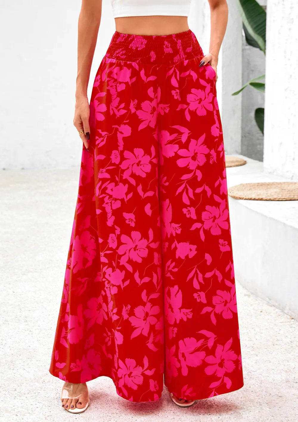 Casual Elastic High WaistedPockets Boho Beach Wide LegPalazzo Pants