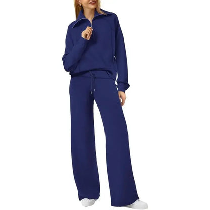 Women's Casual Set 2025 Collection Half-Zip Sweatshirt and Wide-Leg Pants