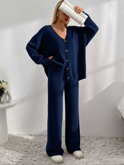 Women's V Neck Cardigan & Elastic Waist Wide Leg Pants Two-piece Set