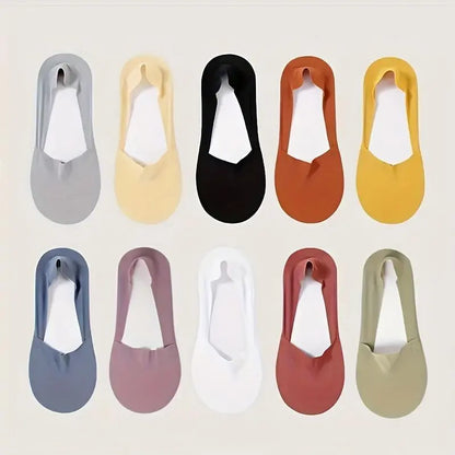 10 Pairs of Women's Invisible Socks — Cotton Breathable, Ultra-Thin for Summer, Seamless, Silk-Like Finish, Silicone Anti-Slip, Moisture-Wicking Soles, Sweat-Wicking Socks, Women's Essential Basics
